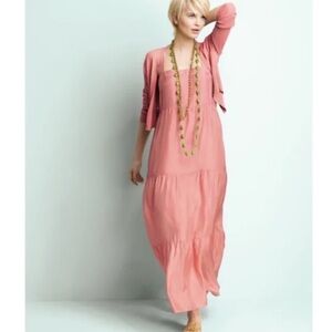 Eileen Fisher 100% Silk Coral Tiered Maxi Dress Size Medium
